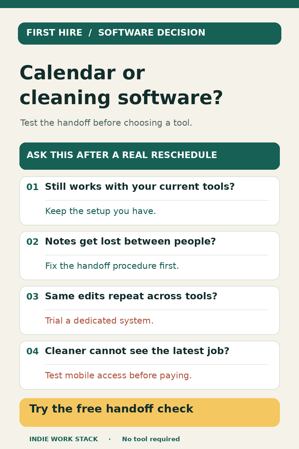 Decision guide for a cleaning business after its first hire: compare the shared calendar handoff with a dedicated cleaning system.